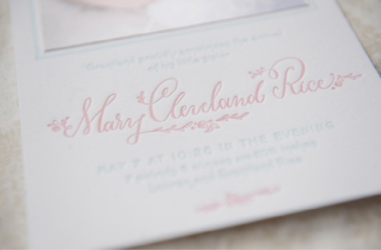 Feminine Letterpress Birth Announcements by Holly Hollon Design and Calligraphy via Oh So Beautiful Paper (2)