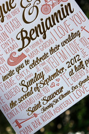 Multilingual Gold Foil Wedding Invitations by Lion in the Sun via Oh So Beautiful Paper (1)