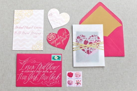 Pink + Gold Foil Heart Wedding Invitations by August Blume via Oh So Beautiful Paper (5)