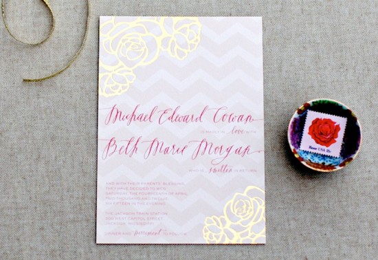 Pink + Gold Foil Heart Wedding Invitations by August Blume via Oh So Beautiful Paper (3)