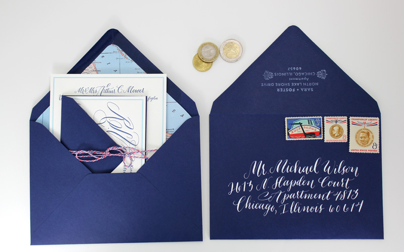 Charles + Sara's Travel-Inspired Calligraphy Wedding Invitations