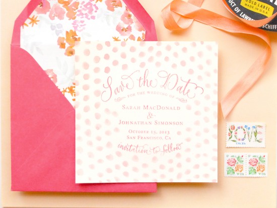 DIY Tutorial: Pink Polka Dot Watercolor Save the Dates by Antiquaria via Oh So Beautiful Paper