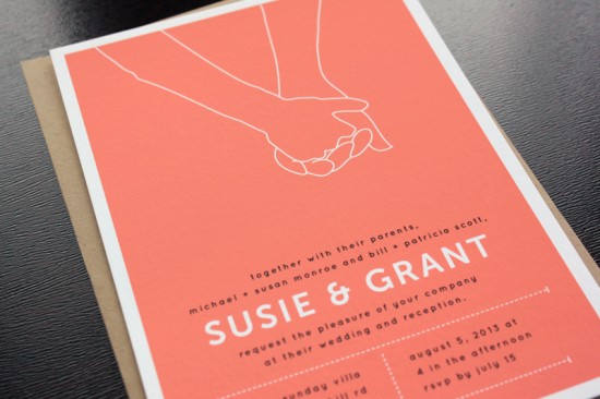 Modern Hand Hold Wedding Invitations by Up Up Creative via Oh So Beautiful Paper (3)