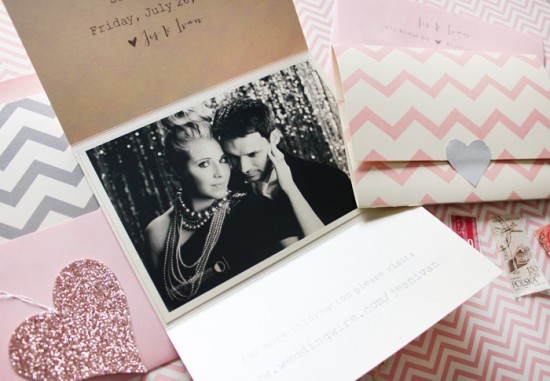 Pink + Gray Chevron Stripe Save the Dates by Ginger P Design via Oh So Beautiful Paper (4)