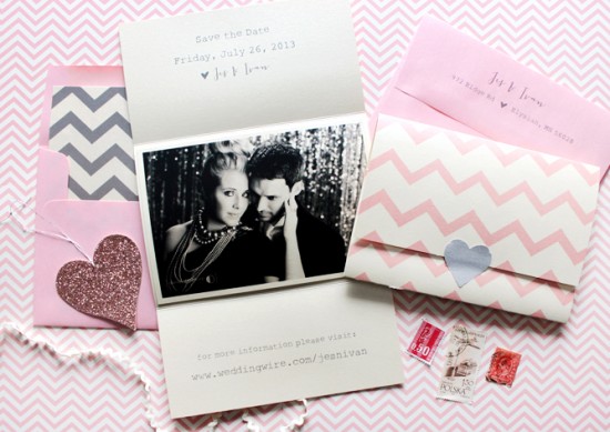 Pink + Gray Chevron Stripe Save the Dates by Ginger P Design via Oh So Beautiful Paper (3)