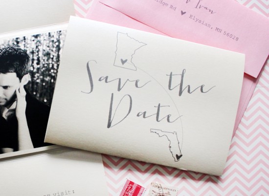 Pink + Gray Chevron Stripe Save the Dates by Ginger P Design via Oh So Beautiful Paper (2)