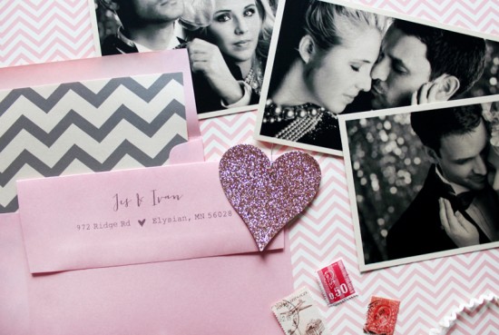 Pink + Gray Chevron Stripe Save the Dates by Ginger P Design via Oh So Beautiful Paper (1)