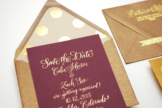 DIY Tutorial: Fig + Gold Calligraphy Save the Dates by Antiquaria via Oh So Beautiful Paper