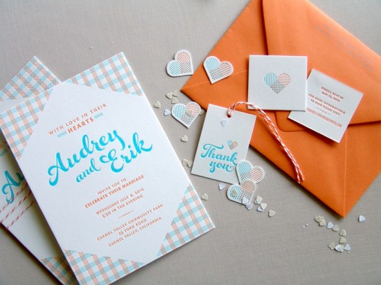 Orange and Blue Letterpress Overprint Wedding Invitations by Studio SloMo via Oh So Beautiful Paper (1)