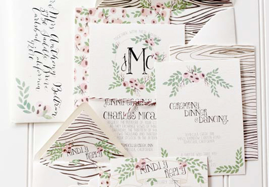 Floral + Woodgrain Wedding Invitations by Moira Design Studio via Oh So Beautiful Paper (1)