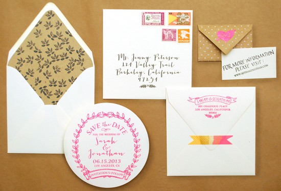 DIY Tutorial: Neon and Kraft Paper Save the Date by Antiquaria via Oh So Beautiful Paper