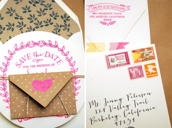 DIY Tutorial: Neon and Kraft Paper Save the Date by Antiquaria via Oh So Beautiful Paper