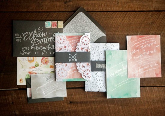 Romantic Watercolor + Lace Wedding Invitations by Crissie McDowell via Oh So Beautiful Paper (7)