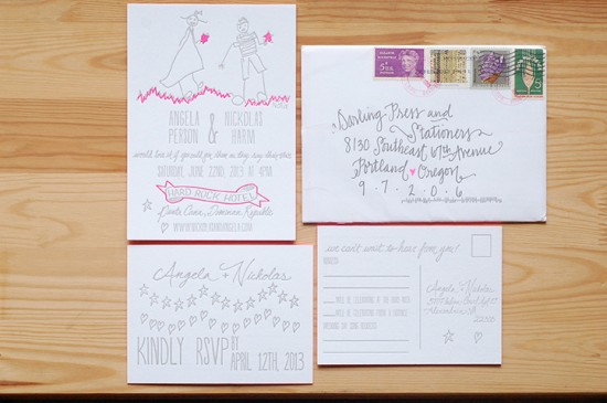 Illustrated Neon Pink Letterpress Wedding Invitations by Darling Press via Oh So Beautiful Paper (7)