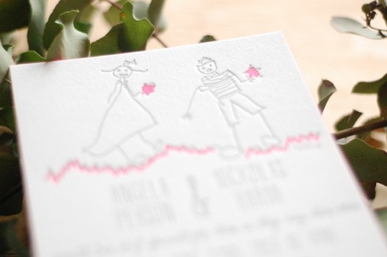 Illustrated Neon Pink Letterpress Wedding Invitations by Darling Press via Oh So Beautiful Paper (4)