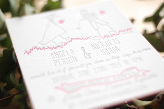 Illustrated Neon Pink Letterpress Wedding Invitations by Darling Press via Oh So Beautiful Paper (3)