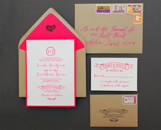 DIY Tutorial: Neon and Kraft Paper Wedding Invitations by Antiquaria via Oh So Beautiful Paper
