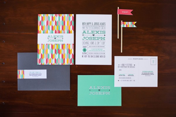 Colorful Arrows + Hearts Wedding Invitations by Renee Nicole Design via Oh So Beautiful Paper (9)