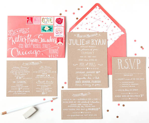 Kraft + Coral Wedding Invitations by Swiss Cottage Designs via Oh So Beautiful Paper (1)