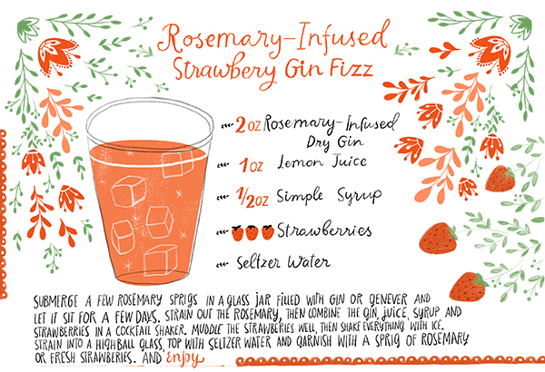 Cocktail Recipe Card: Rosemary-Infused Strawberry Gin Fizz, Illustration by Dinara Mirtalipova for Oh So Beautiful Paper