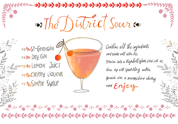 Cocktail Recipe Card: The District Sour, Illustration by Dinara Mirtalipova for Oh So Beautiful Paper