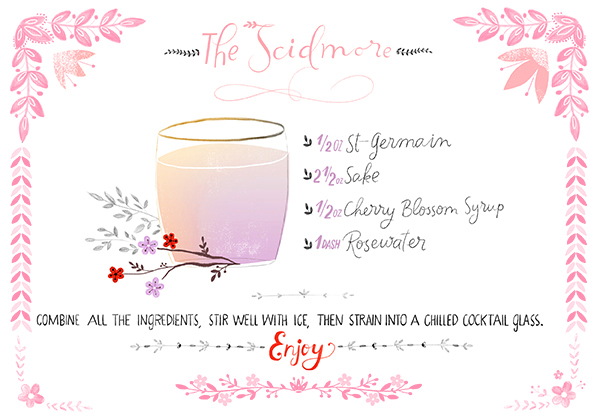 Cocktail Recipe Card: The Scidmore Cherry Blossom Cocktail, Illustration by Dinara Mirtalipova for Oh So Beautiful Paper