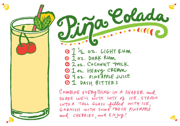Signature Cocktail Recipe Card: Coconut Milk Pina Colada, Illustration by Caitlin Keegan for Oh So Beautiful Paper