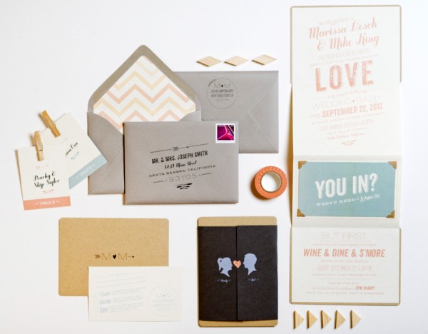 Silhouette and Chevron Stripe Wedding Invitations by Lilly and Louise via Oh So Beautiful Paper (10)