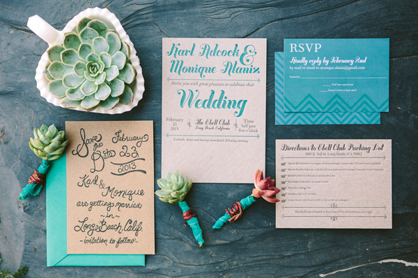 Teal + Chipboard Chevron Stripe Letterpress Wedding Invitations by Metal Doily Press via Oh So Beautiful Paper (10)