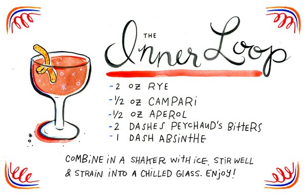 Cocktail Recipe Card: The Inner Loop, Illustration by Tuesday Bassen for Oh So Beautiful Paper