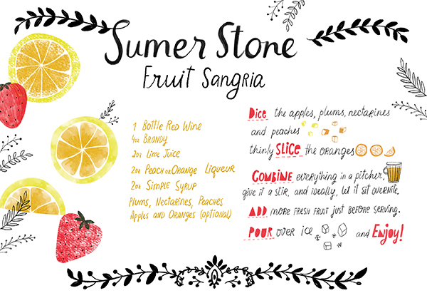 Signature Cocktail Recipe Card: Summer Stone Fruit Sangria, Illustration by Dinara Mirtalipova for Oh So Beautiful Paper