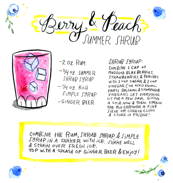 Signature Cocktail Recipe Card: Peach & Berry Summer Shrub, Illustration by Tuesday Bassen for Oh So Beautiful Paper