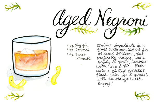 Signature Cocktail Recipe Card: Aged Negroni, Illustration by Tuesday Bassen for Oh So Beautiful Paper