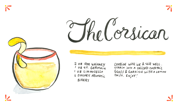 Cocktail Recipe Card: The Corsican, St-Germain and Limoncello Cocktail, Illustration by Tuesday Bassen for Oh So Beautiful Paper