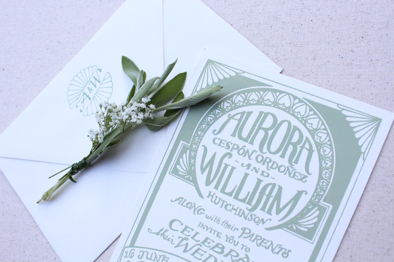 Aurora + William's Art Deco Screen Printed Wedding Invitations