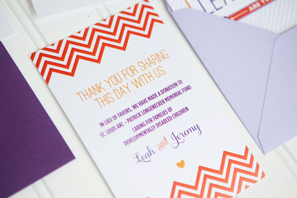 Modern Purple and Orange Chevron Stripe Wedding Invitations by Ten Four Paper via Oh So Beautiful Paper (1)