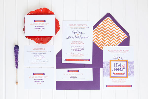 Modern Purple and Orange Chevron Stripe Wedding Invitations by Ten Four Paper via Oh So Beautiful Paper (9)