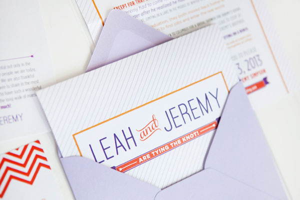 Modern Purple and Orange Chevron Stripe Wedding Invitations by Ten Four Paper via Oh So Beautiful Paper (7)