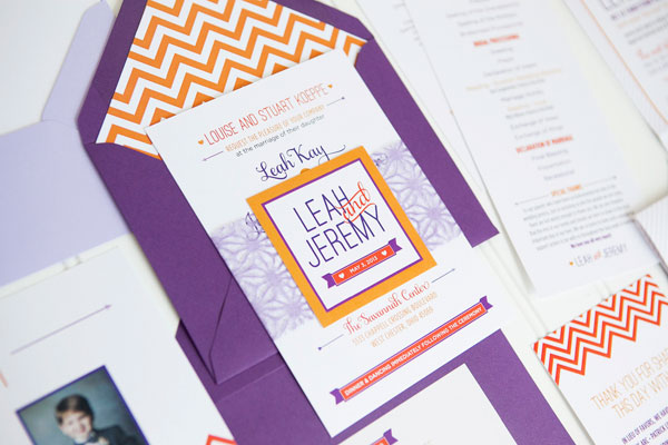 Modern Purple and Orange Chevron Stripe Wedding Invitations by Ten Four Paper via Oh So Beautiful Paper (5)