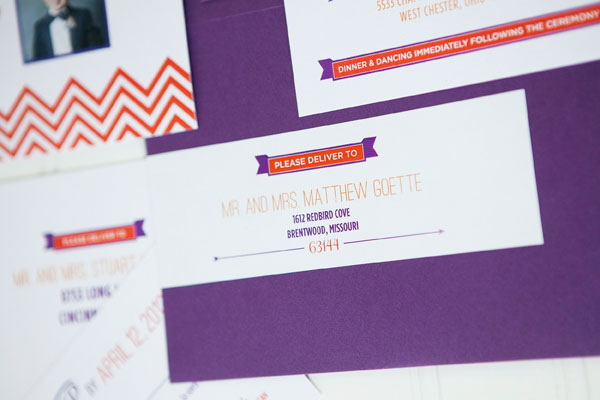 Modern Purple and Orange Chevron Stripe Wedding Invitations by Ten Four Paper via Oh So Beautiful Paper (4)