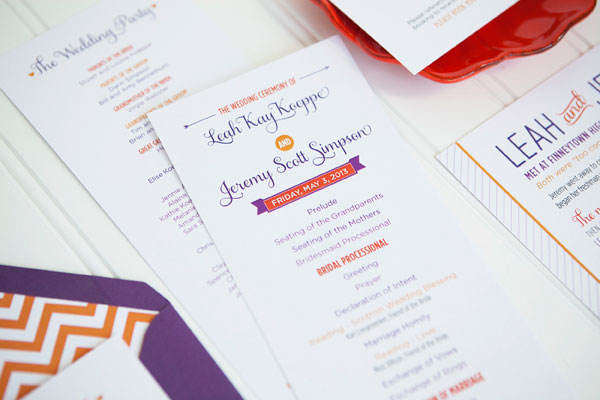 Modern Purple and Orange Chevron Stripe Wedding Invitations by Ten Four Paper via Oh So Beautiful Paper (3)