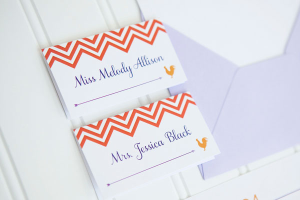 Modern Purple and Orange Chevron Stripe Wedding Invitations by Ten Four Paper via Oh So Beautiful Paper (2)