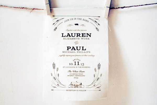 Rustic Fabric Barn Wedding Invitations by Jessi Evans via Oh So Beautiful Paper (5)