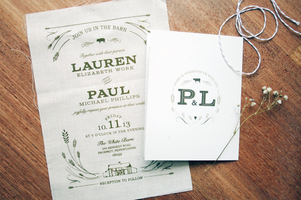 Rustic Fabric Barn Wedding Invitations by Jessi Evans via Oh So Beautiful Paper (4)