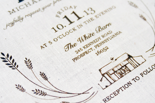 Rustic Fabric Barn Wedding Invitations by Jessi Evans via Oh So Beautiful Paper (1)