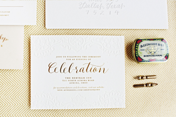 Gold Foil, Calligraphy, and Letterpress Wedding Invitations by Lauren Chism Fine Papers via Oh So Beautiful Paper (4)