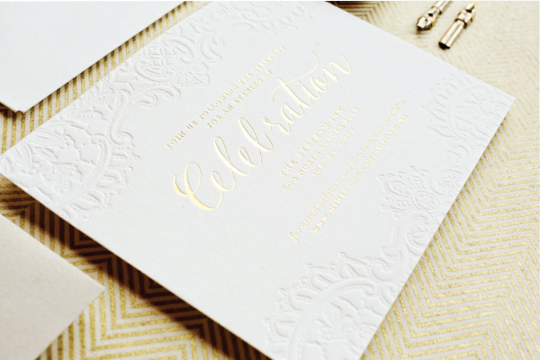 Gold Foil, Calligraphy, and Letterpress Wedding Invitations by Lauren Chism Fine Papers via Oh So Beautiful Paper (3)