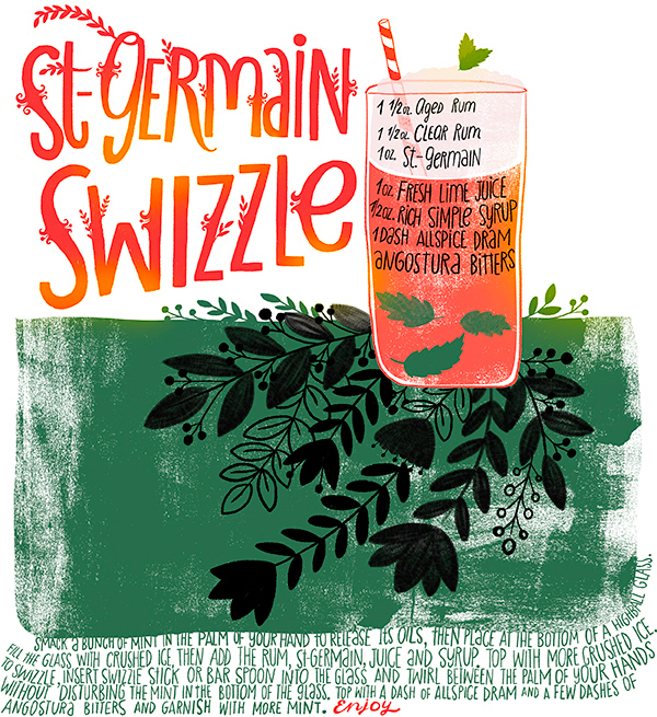 Cocktail Recipe Card: St-Germain Swizzle by Dinara Mirtalipova for Oh So Beautiful Paper