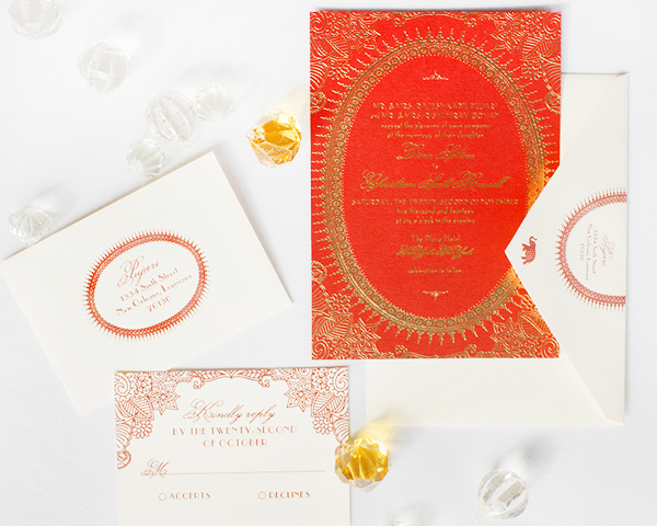 Moulin-Rouge-Indian-Inspired-Gold-Foil-Wedding-Invitations-Lucky-Luxe