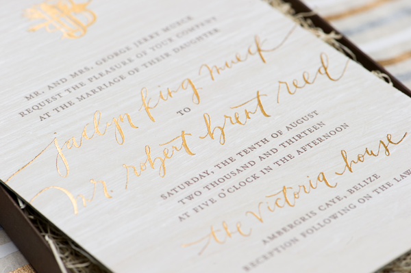 Gold Foil and Wood Veneer Destination Wedding Invitations by Papellerie via Oh So Beautiful Paper